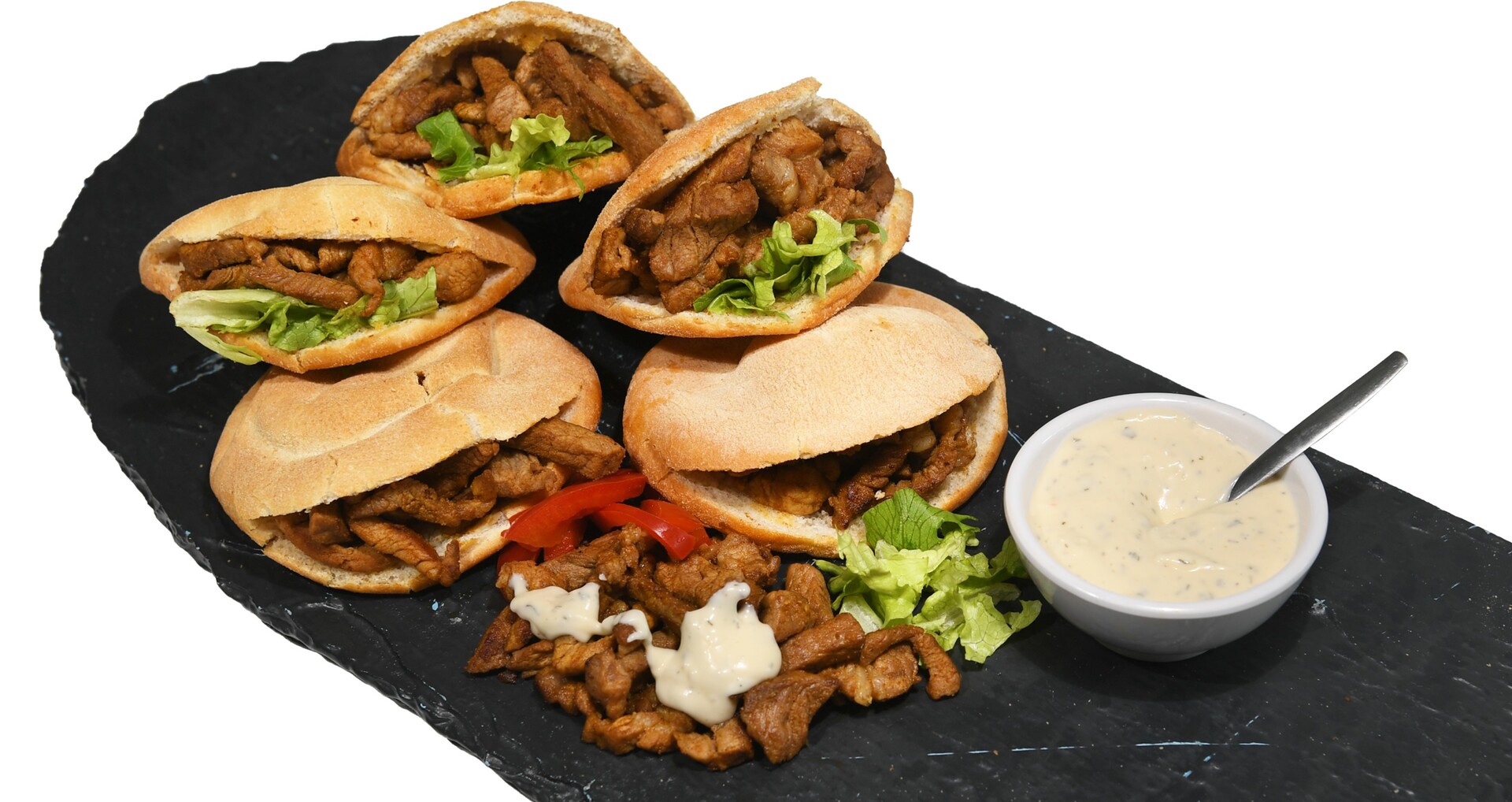 Shoarma met pitabroodjes en knoflooksaus